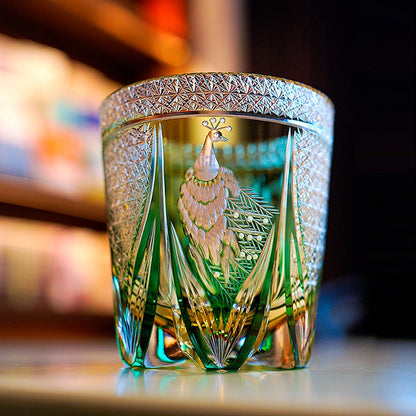 Emerald Peacock Edo Kiriko Handcrafted Crystal Whisky Glass