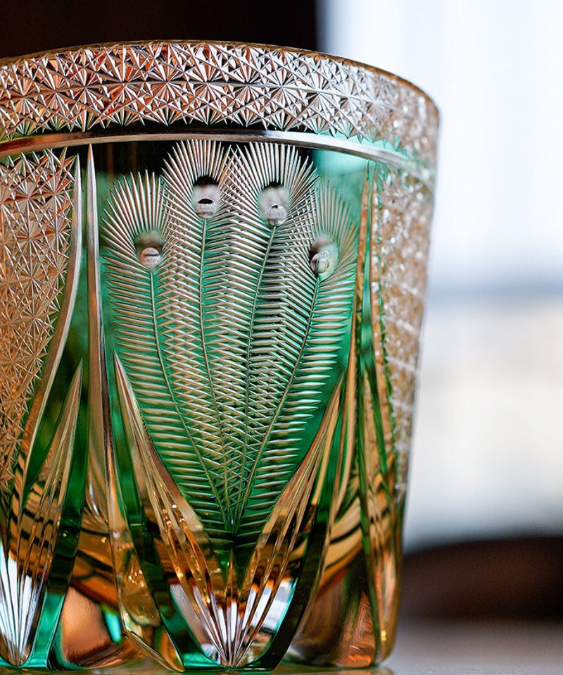 Emerald Peacock Edo Kiriko Handcrafted Crystal Whisky Glass