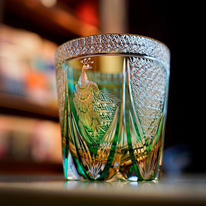 Emerald Peacock Edo Kiriko Handcrafted Crystal Whisky Glass