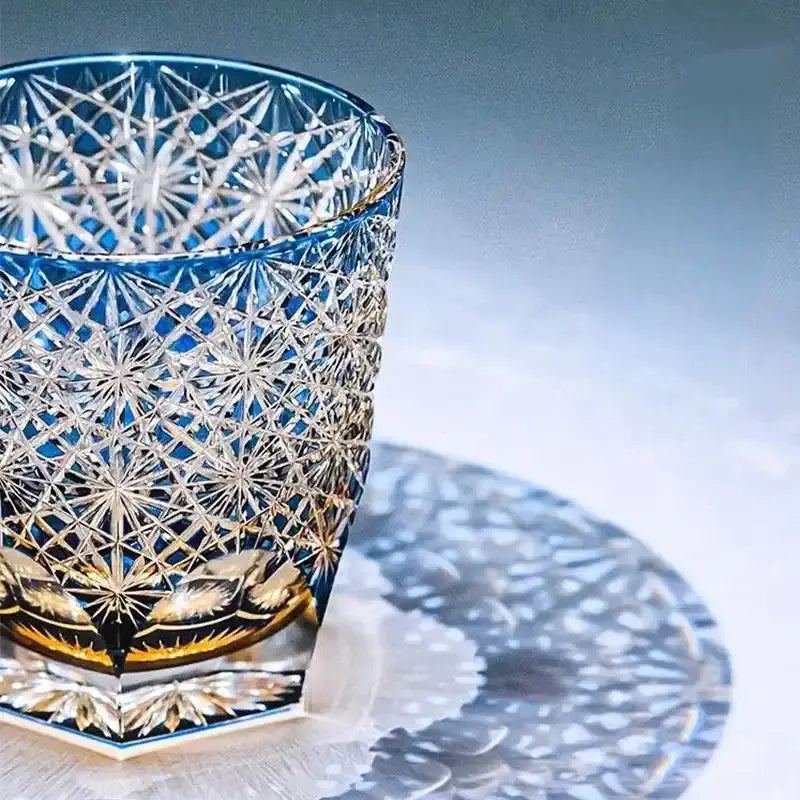 Blue Chrysanthemum Edo Kiriko Handcrafted Crystal Whisky Glass