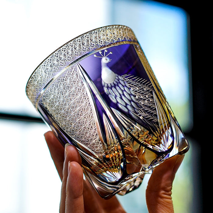 Violet Peacock Edo Kiriko Handcrafted Crystal Whisky Glass